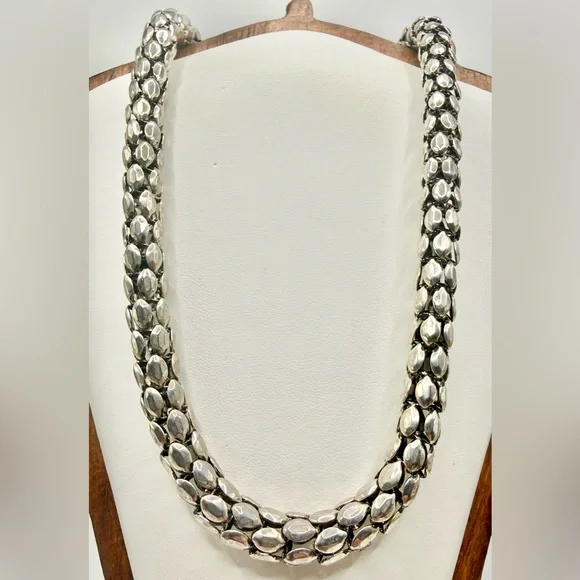 Chunky Silver Beaded Chain Necklace Textured Modern Statement - Picture 2 of 4